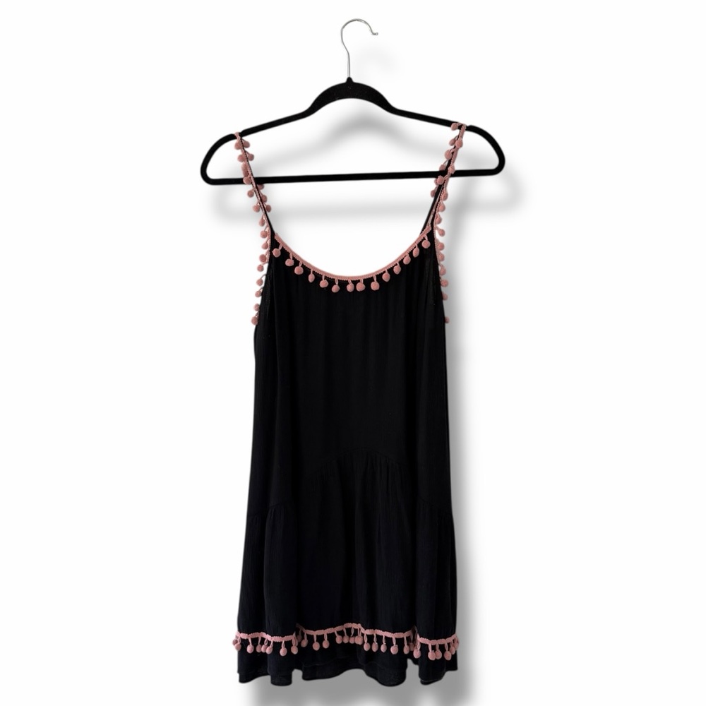 Misa Los Angeles Black/Pink Milla Pom Pom Mini Dress Beach Cover Up Size Medium
